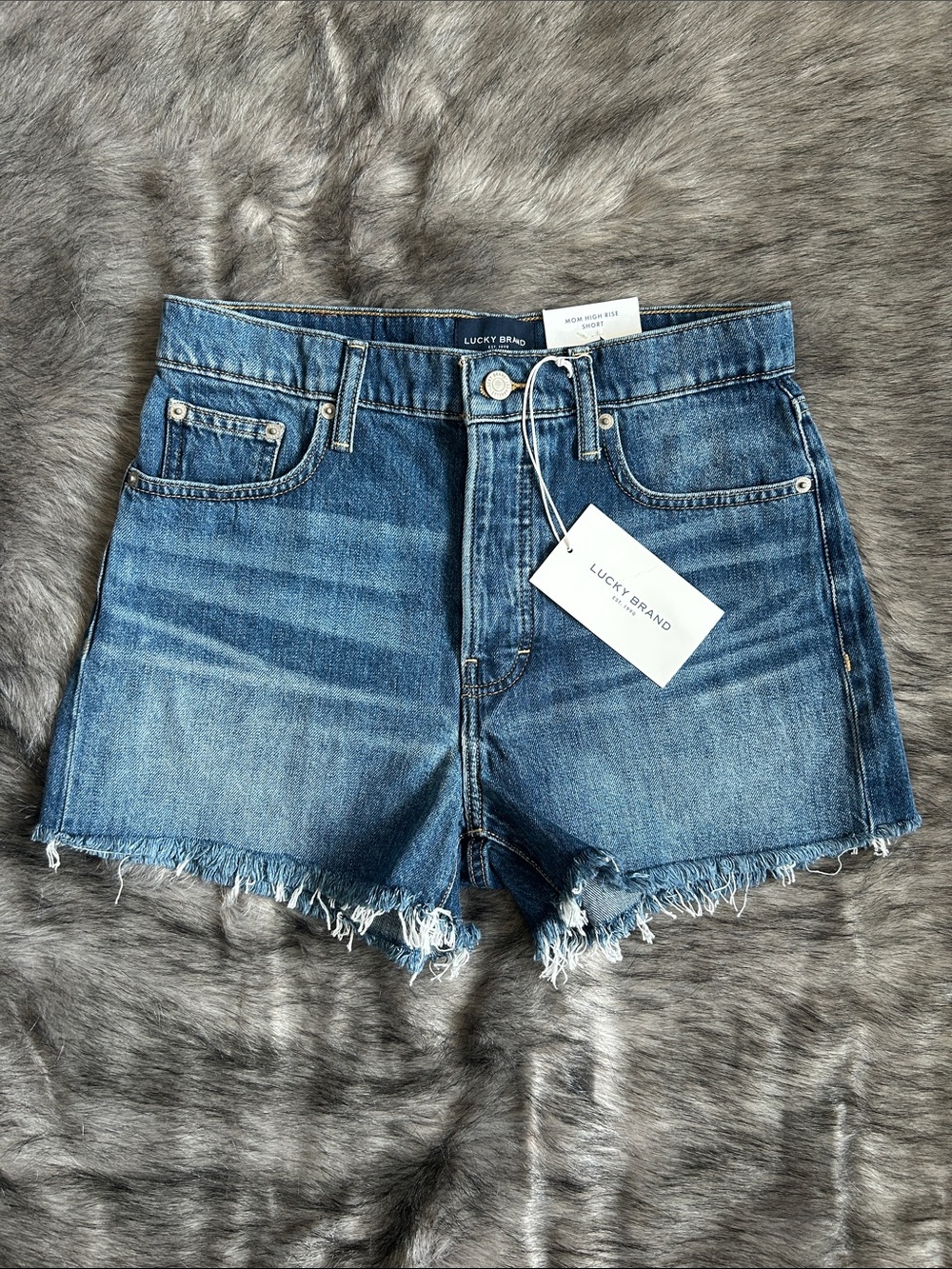 NWT Lucky Brand Mom High Rise Washed Blue Frayed Denim Shorts 4/27